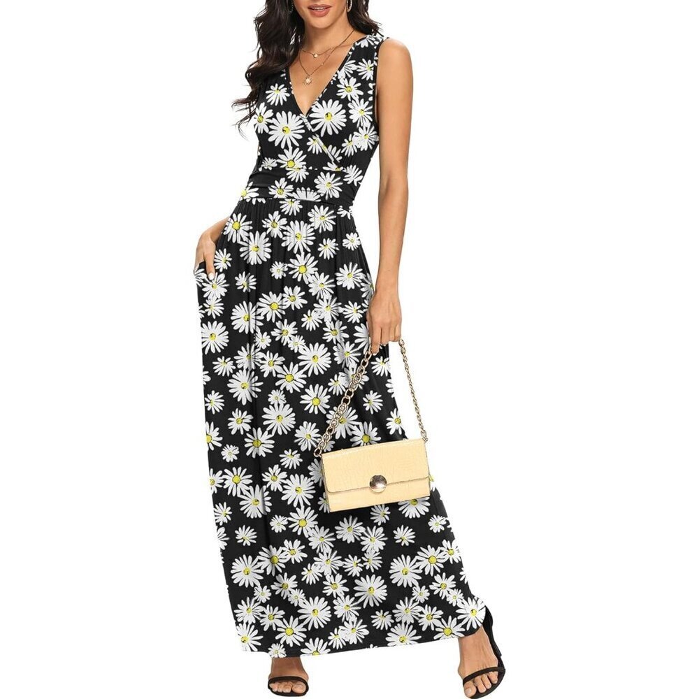 Women Little Daisy Deep V Neck Sleeveless Loose Plain Long Maxi Stretchy Dress